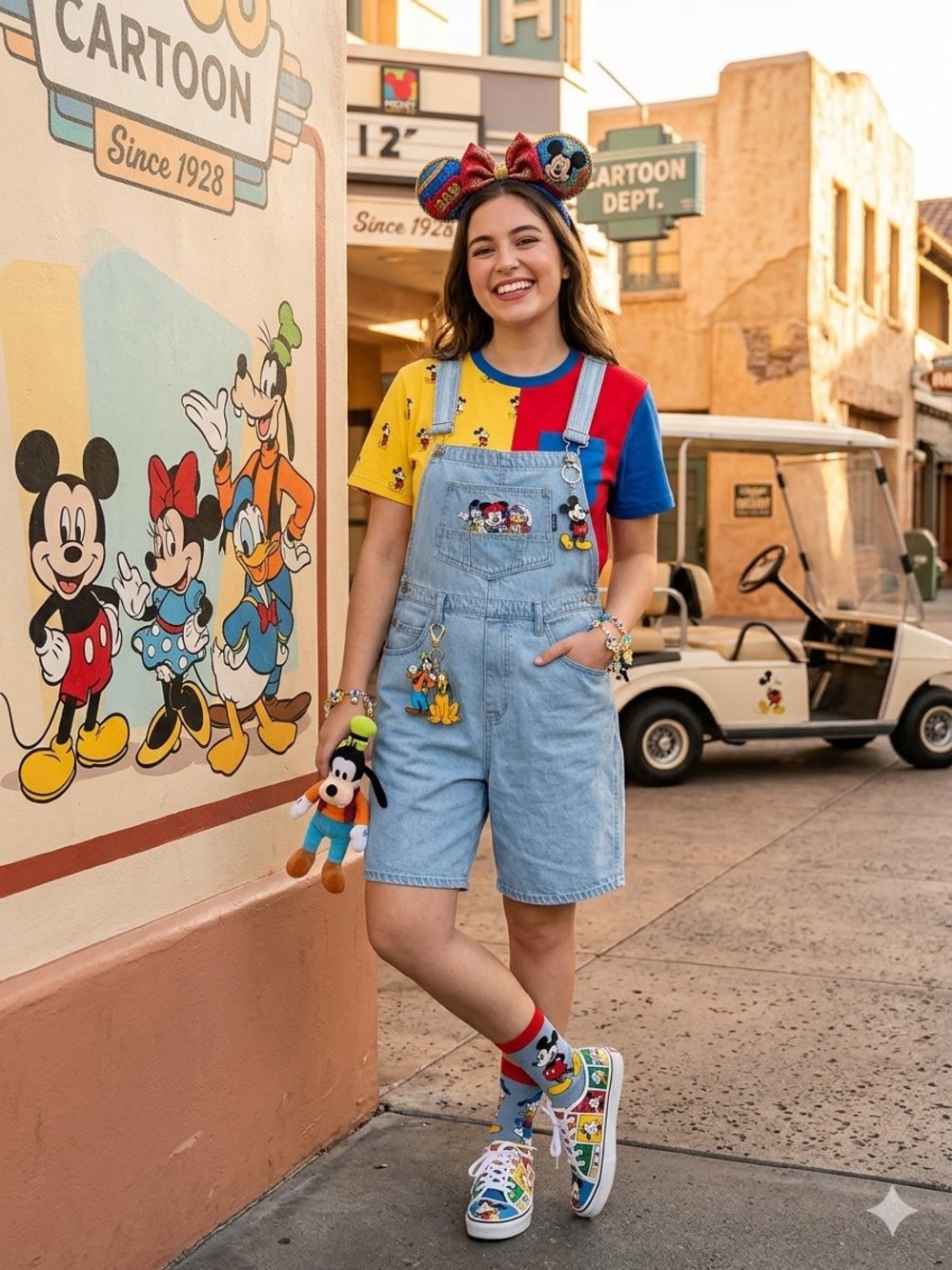 VTG 90s Mickey Unlimited Jerry Leigh Denim Shortalls Overalls Embroidered Size L